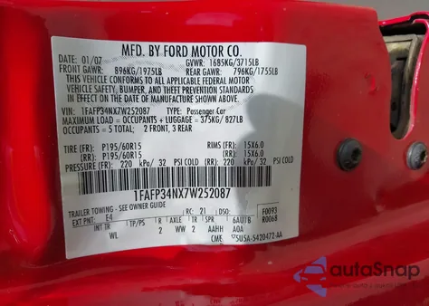 2007 Ford Focus S/Se/Ses from USA, damaged, VIN 1FAFP34NX7W252087